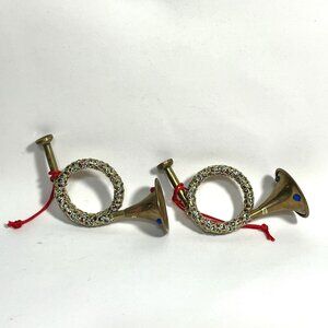 Vintage Bejeweled Brass Bugle Horn Christmas Ornaments set of 2
